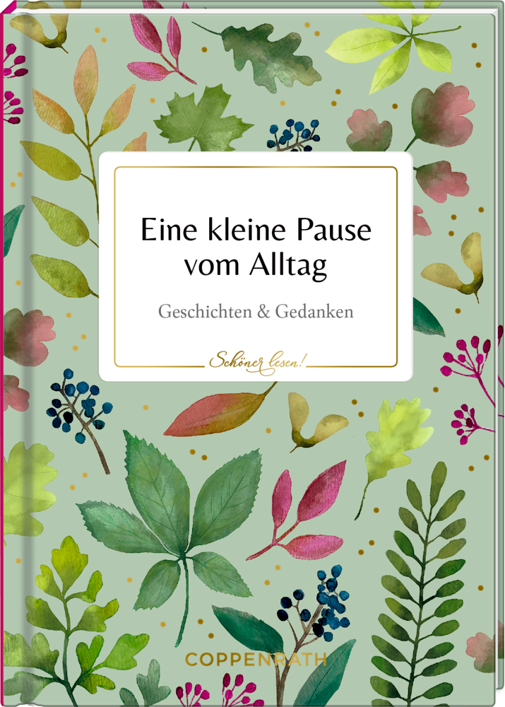 Buch mit hellgrünem Umschlag und farbigen Blättern, Titel „Eine kleine Pause vom Alltag – Geschichten & Gedanken“.