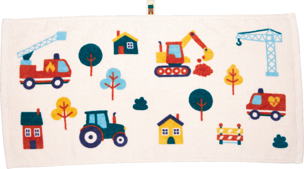 Beiges Zauberhandtuch mit bunten Motiven von Baustellenfahrzeugen, Häusern, Bäumen und Straßenobjekten.