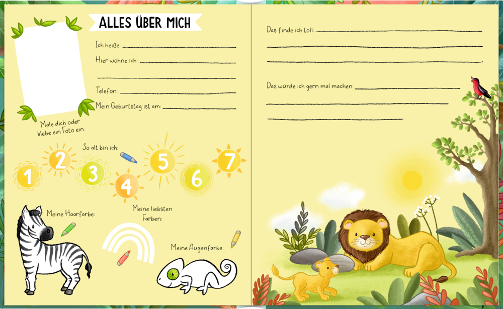 Bunte Freundebuchseite für Kinder mit Zebra und Löwe, Alles über mich zum Ausfüllen.