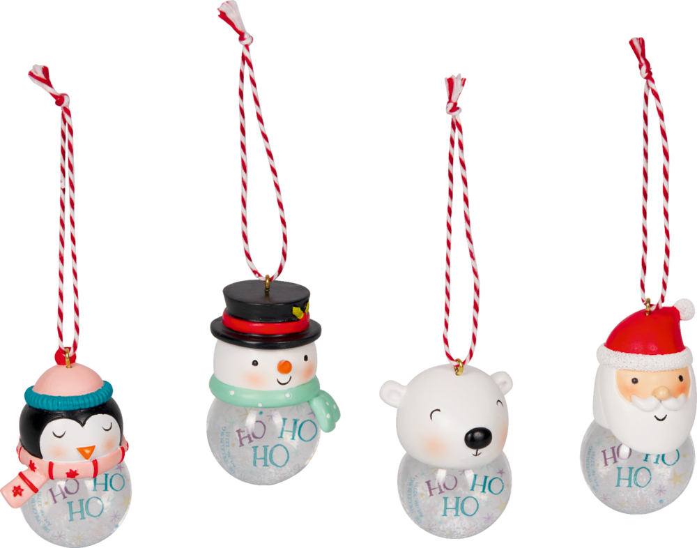 Pinguin-, Schneemann-, Eisbär- und Weihnachtsmann-Köpfe, jeweils auf einer Schneekugel mit roter Schnur zum Aufhängen.