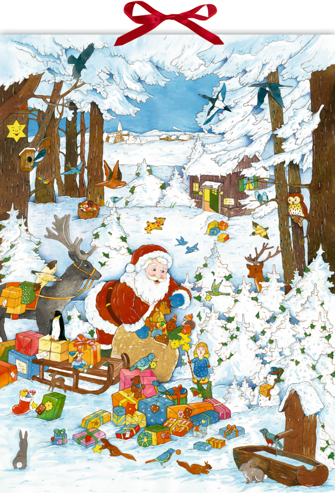 Gezeichneter Weihnachtsmann mit Schlitten und Geschenken im verschneiten Wald. Tiere, eine Hütte und ein rotes Band oben.