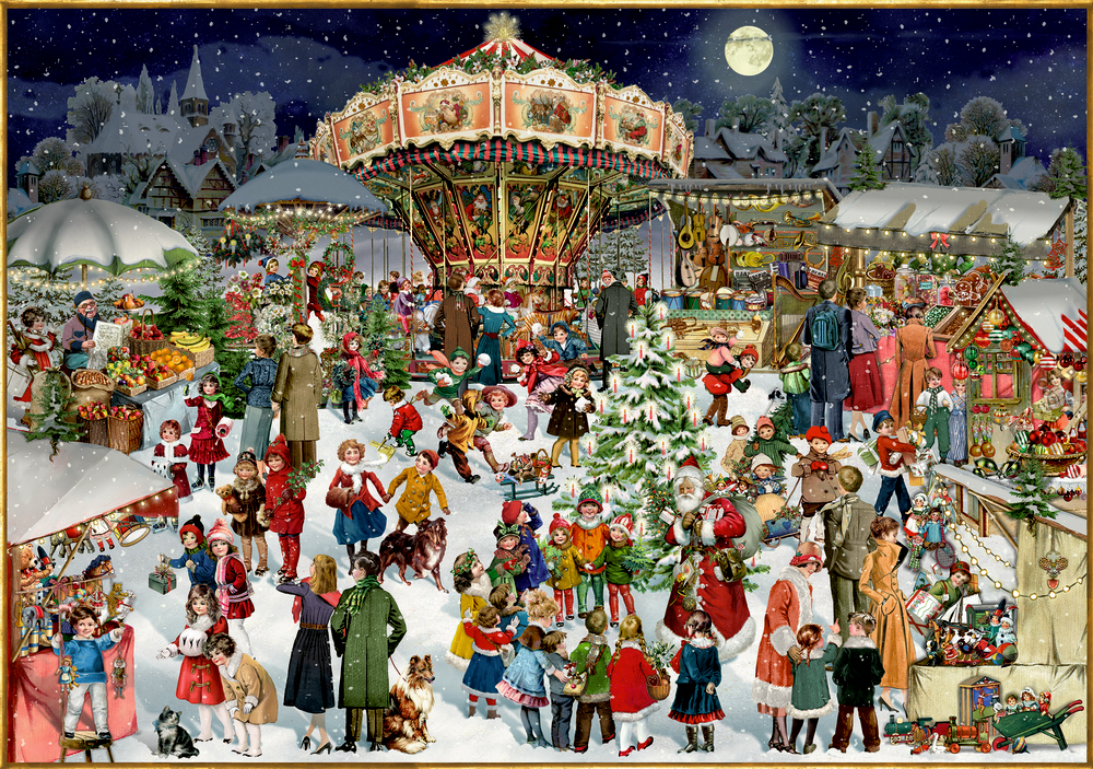 Verschneite, nostalgische Weihnachtsmarkt-Szene bei Nacht mit Karussell, spielenden Kindern und Erwachsenen.