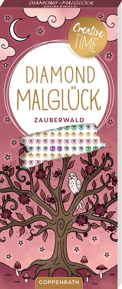Malblock-Cover mit Baum, Eule, Pilzen, rosa Hintergrund und bunten Glitzersteinen in Herz-, Stern- und Kreisform.