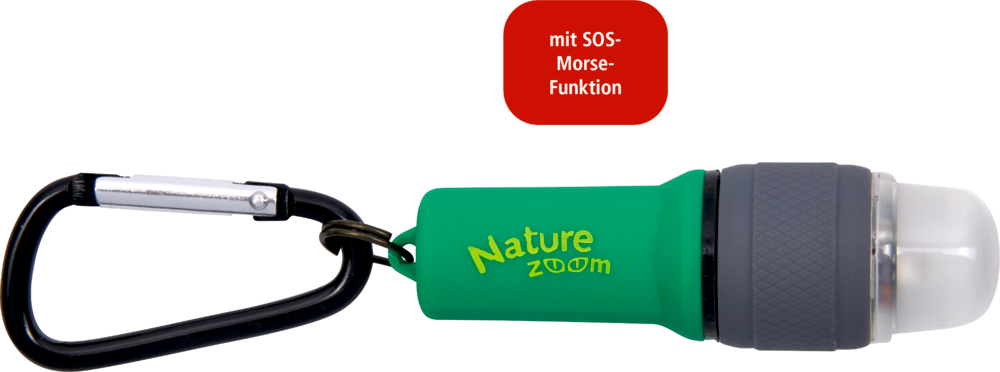 Grüne Taschenlampe mit grauem Griff und schwarzem Karabiner, Text im Bild: „mit SOS-Morse-Funktion“.