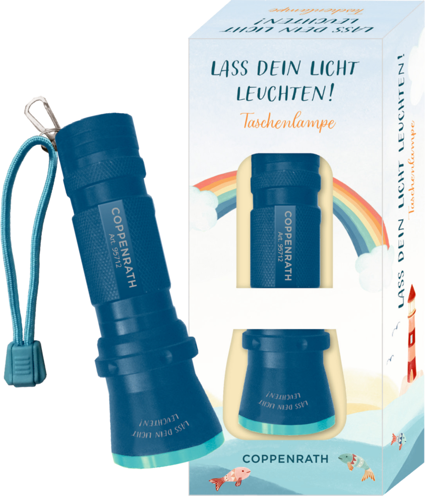 Blaue Taschenlampe mit Handschlaufe neben bunter Verpackung, verziert mit Regenbögen und deutschem Text.