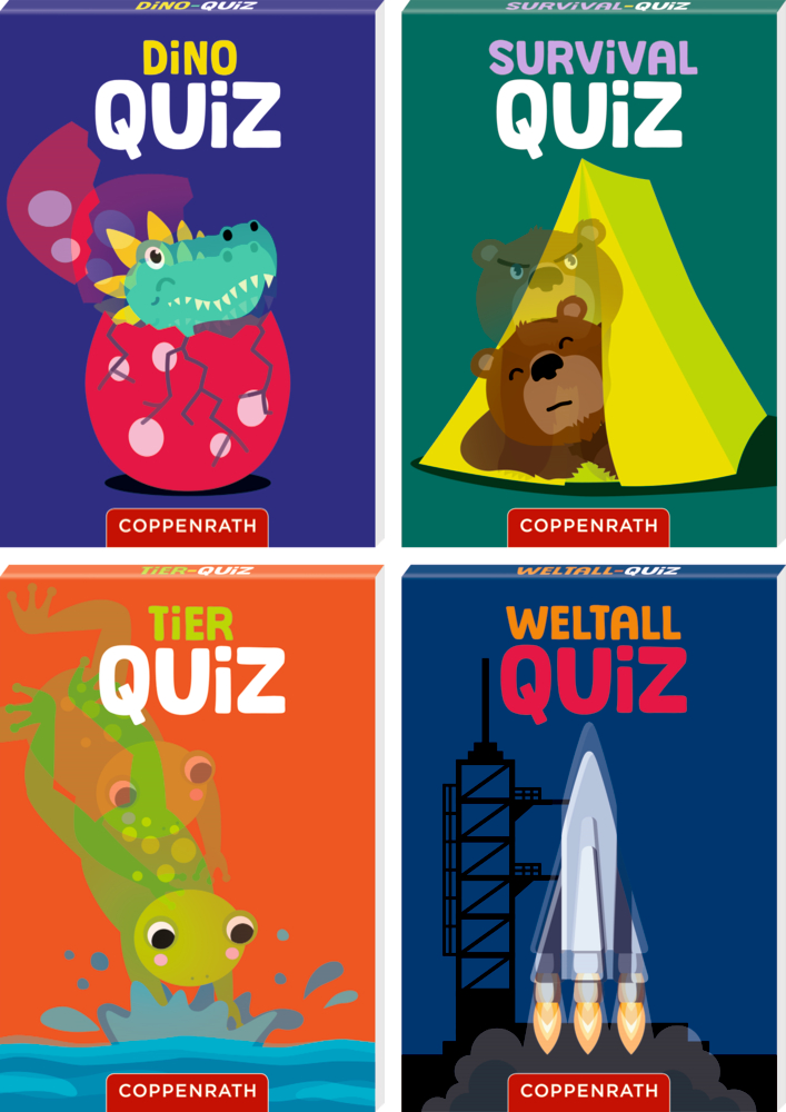 Vier farbige Quizbüchlein: Dino schlüpft aus Ei, Bär im Zelt, Frosch springt ins Wasser, startende Rakete.