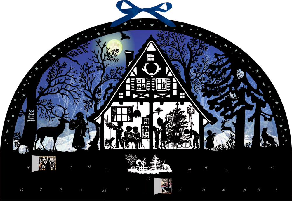 Festliche Haussilhouette mit Menschen, Tieren, Bäumen und Mond – Adventskalender-Stil.