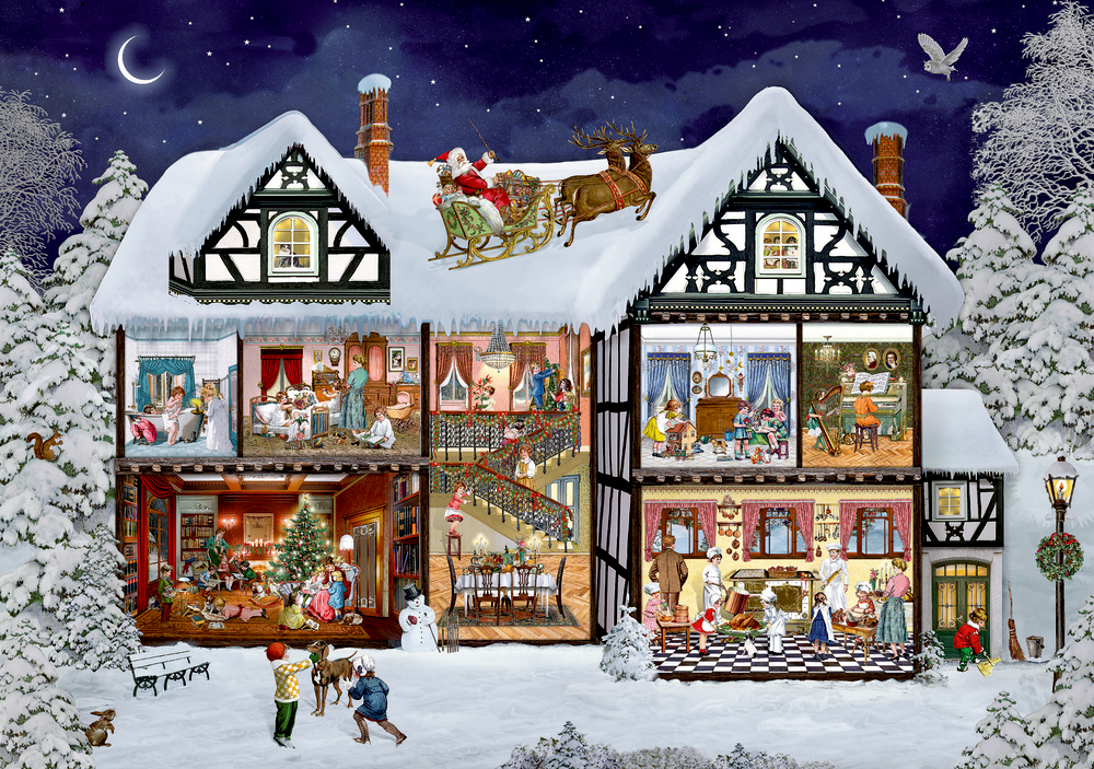 Schneebedecktes Fachwerkhaus mit offenen Zimmern, in denen Menschen Weihnachten feiern und Kinder draußen im Schnee spielen.