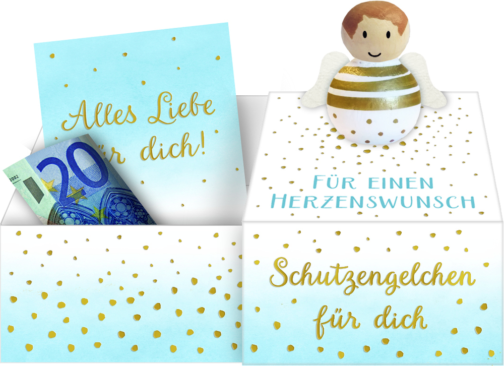 Geschenkbox mit der Aufschrift: Für einen Herzenswunsch, Schutzengelfigur und Grußkarte mit Botschaft in Gold und Blau.