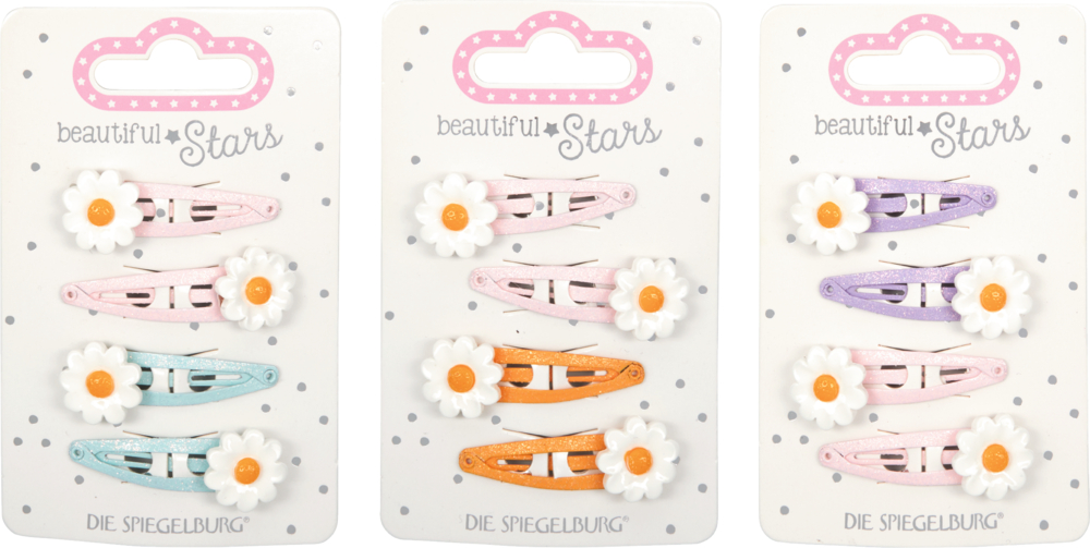 Drei Sets mit vier Gänseblümchen-Haarklammern in Rosa/Hellblau, Rosa/Orange und Rosa/Lila mit Displaykarte.