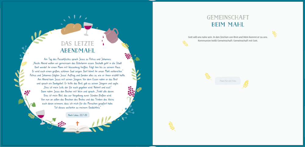 Aufgeschlagenes Eintragalbum: links das letzte Abendmahl illustriert mit Brot und Wein auf blauem, mit Pflanzen dekoriertem Hintergrund, rechts Platz für ein Foto.