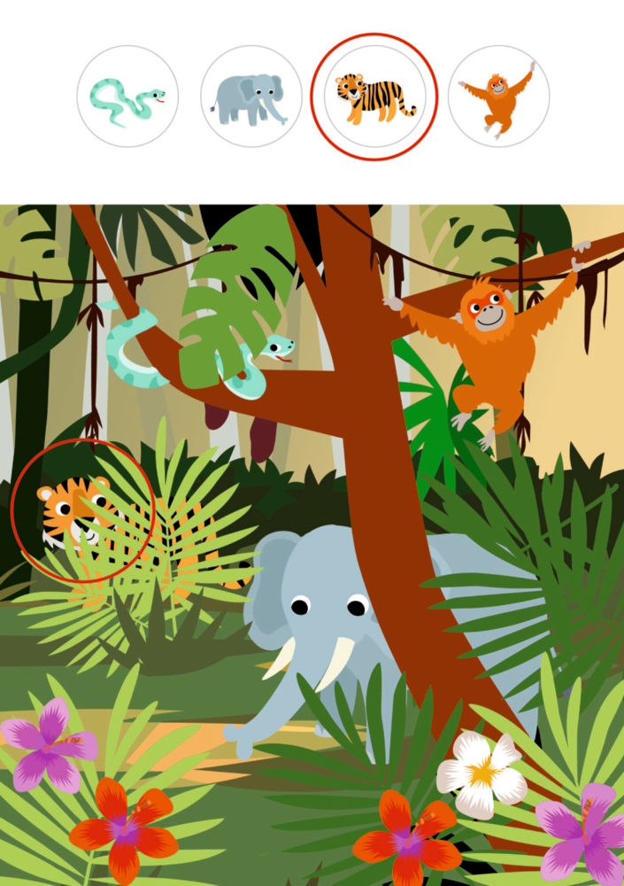 Cartoon-Dschungel mit Elefant, Tiger, Schlange und Orang-Utan, umgeben von grünen Pflanzen und leuchtenden Blumen, auf einer Rätsel-Such-Seite.