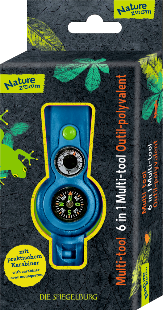 Blaues 6-in-1-Multifunktionswerkzeug mit Kompass in der Nature Zoom-Box, mit grünen und orangefarbenen Blattverzierungen.