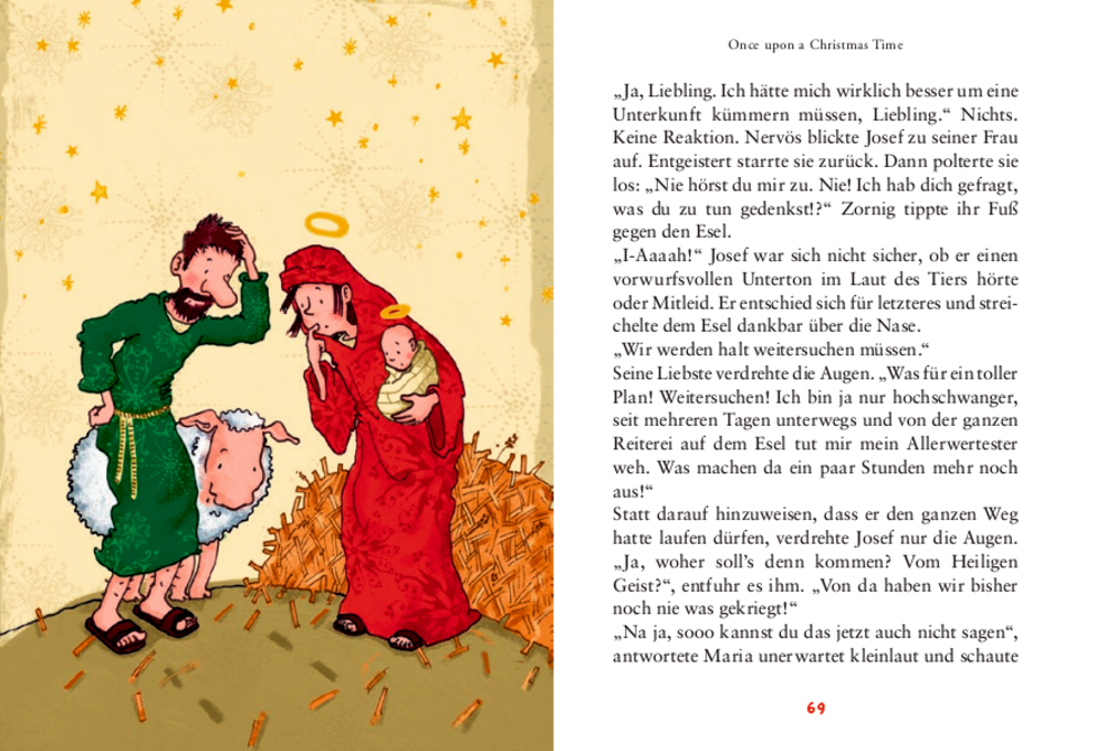 Doppelseite: Josef und Maria mit dem Jesuskind und ein Schaf stehen vor einem Heuballen; rechts ist der Text zu lesen.