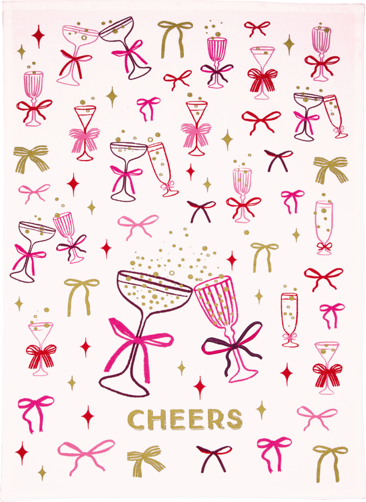 Weißes Geschirrtuch mit rosa, roten und goldenen Gläsern, Schleifen und Sternchen sowie goldener Aufschrift „CHEERS“.