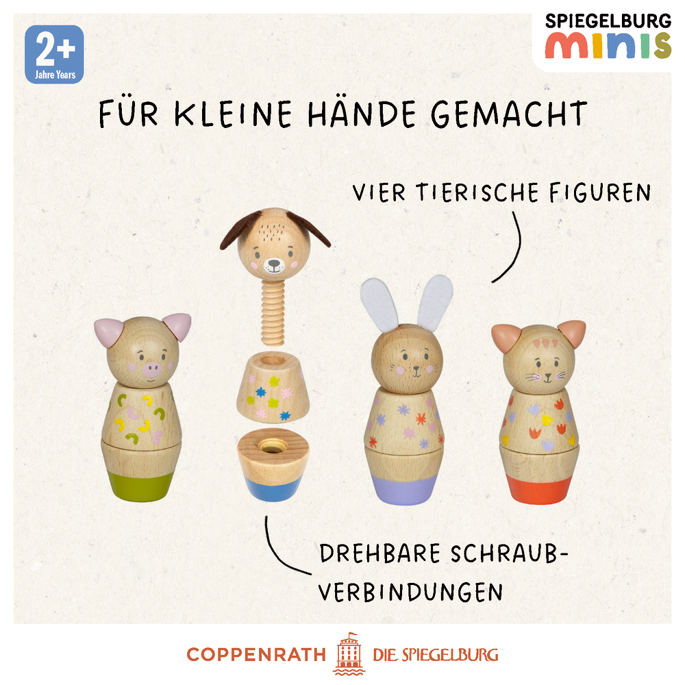 Vier Holzspielzeuge in Tierform mit Schraubmechanik, Beschriftungen, Altersangabe 2+.