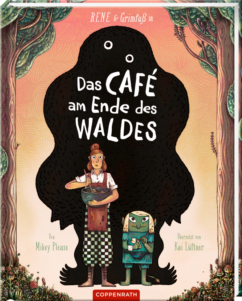 Buchcover auf dem eine Frau, kleines Wesen und große Schattenfigur abgebildet sind mit dem Titel: Das Café am Ende des Waldes.