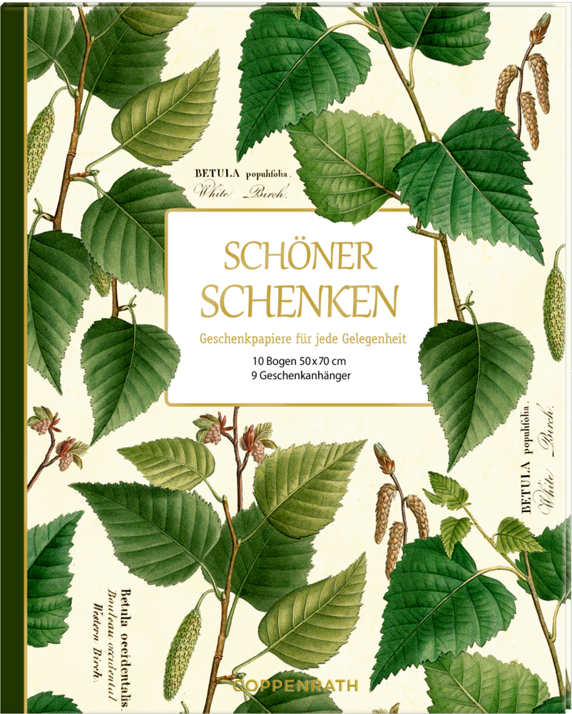Botanischer Bucheinband mit Birkenblättern und Kätzchen, betitelt „Schöner Schenken“.