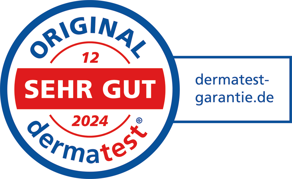 Rundes Dermatestsiegel mit rotem Feld „SEHR GUT“, Jahreszahl 2024 und Website dermatest-garantie.de.