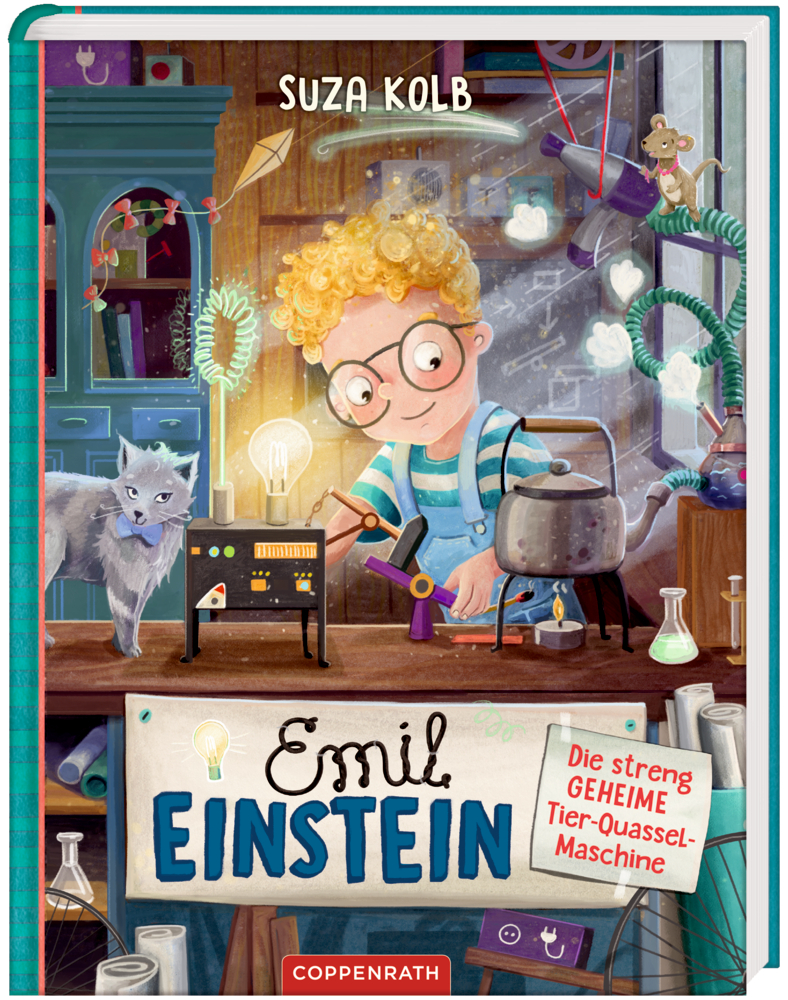 Junge mit Locken im Labor mit Geräten, grauer Katze, wissenschaftlicher Ausrüstung; Buchtitel: Emil Einstein.