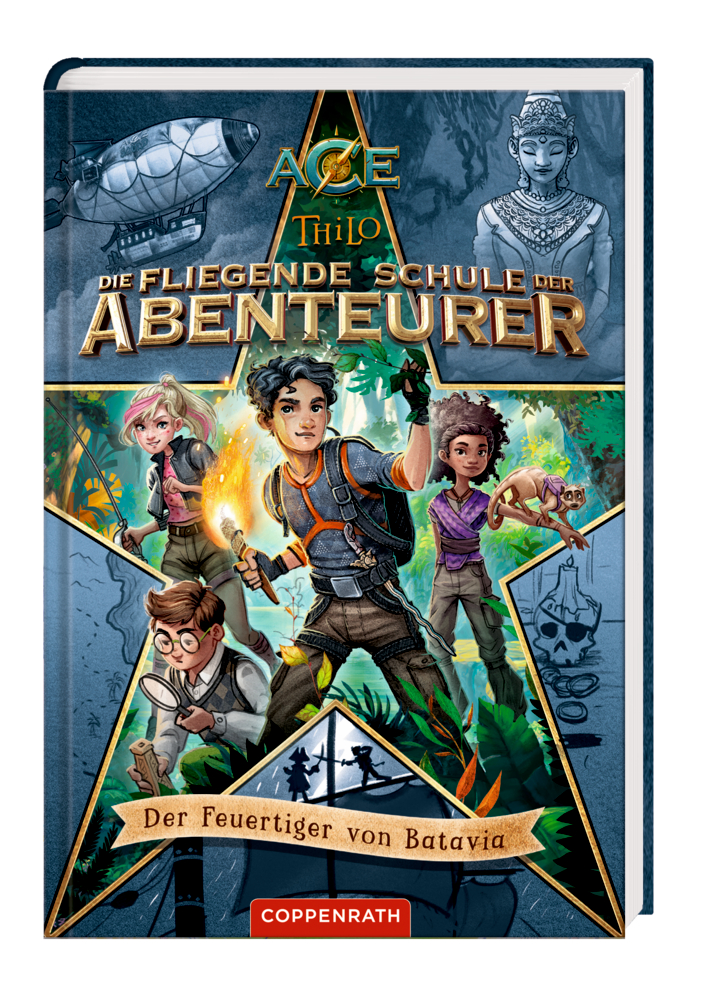 Buchcover von „Die fliegende Schule der Abenteurer“ mit vier Kindern und fantasievollen Abenteuerelementen.