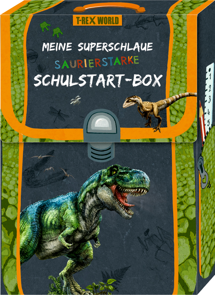 Schulbox mit Dinosauriermotiven, T-Rex und einem weiteren Dino, mit dem Titel „Schulstart-Box“.