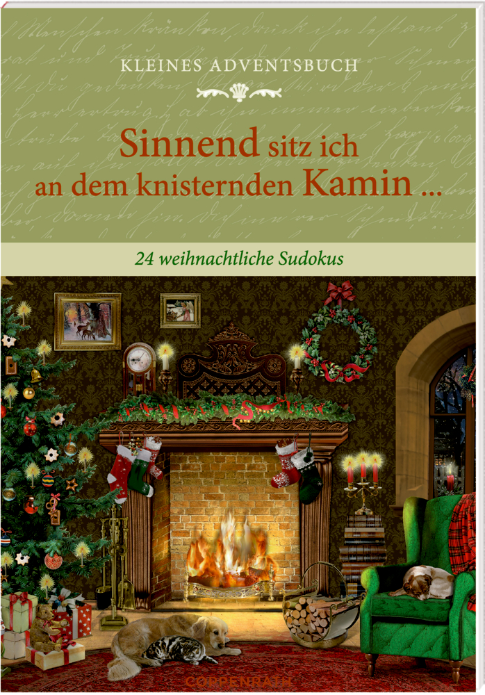 Festliches Wohnzimmer mit Kamin, Hund, Weihnachtsbaum und Titel "Sinnend sitz ich an dem knisternden Kamin...".