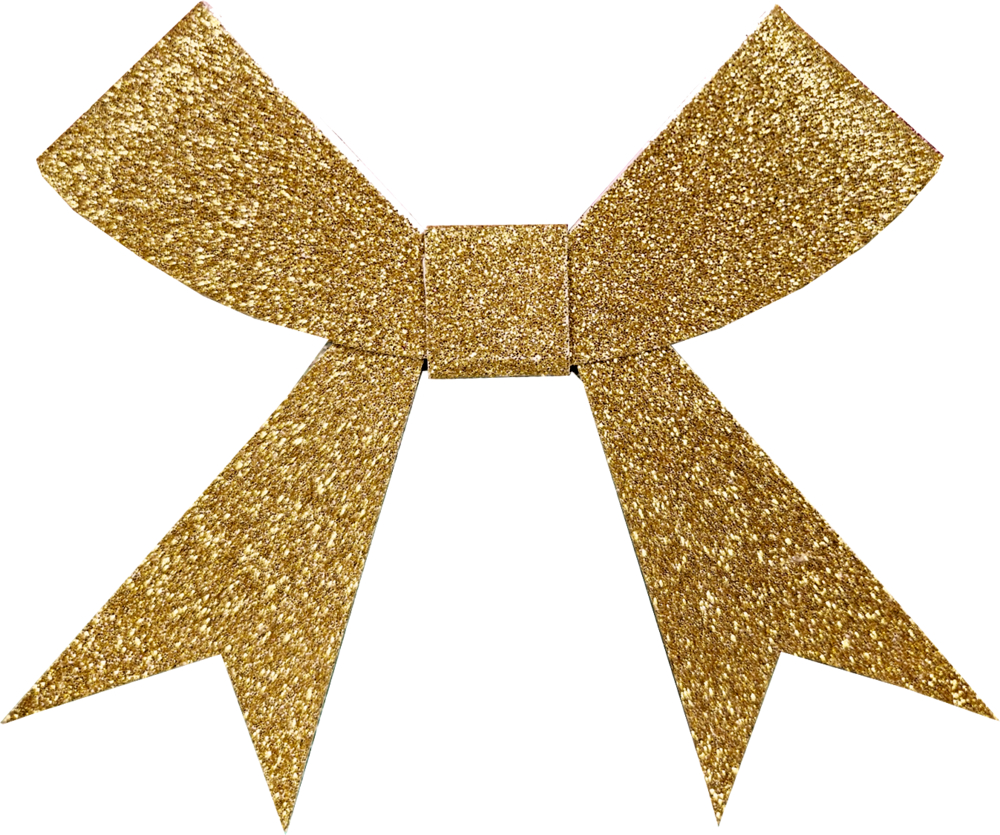 Goldfarbene Glitzerschleife mit zwei langen, spitz zulaufenden Bändern.
