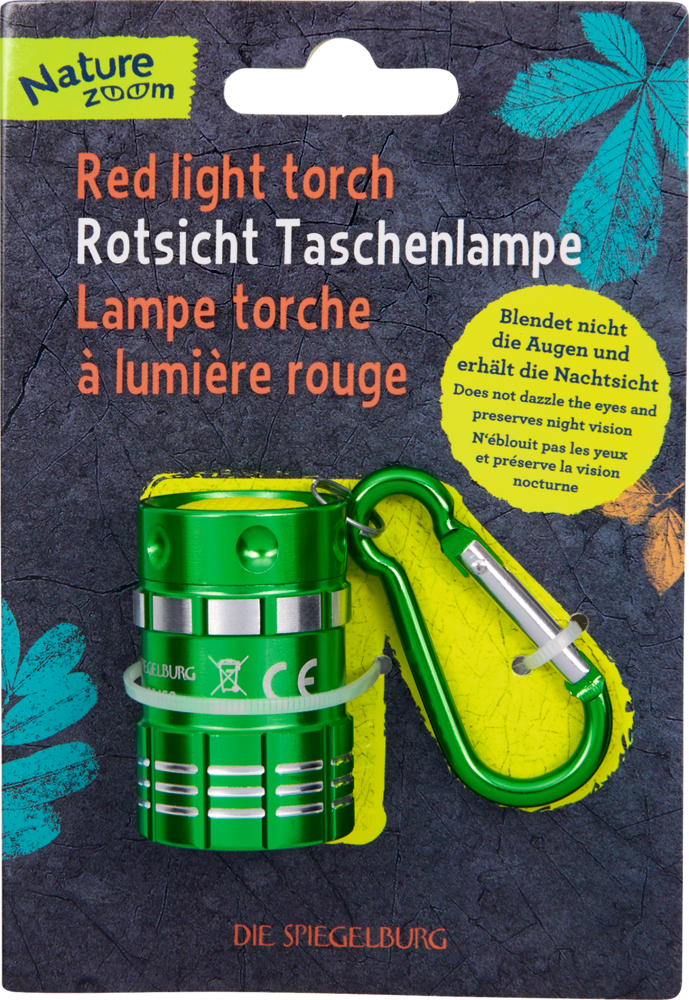 Grüne Taschenlampe mit silbernen Akzenten und passendem Karabiner auf Papp-Verpackung mit Blättern.
