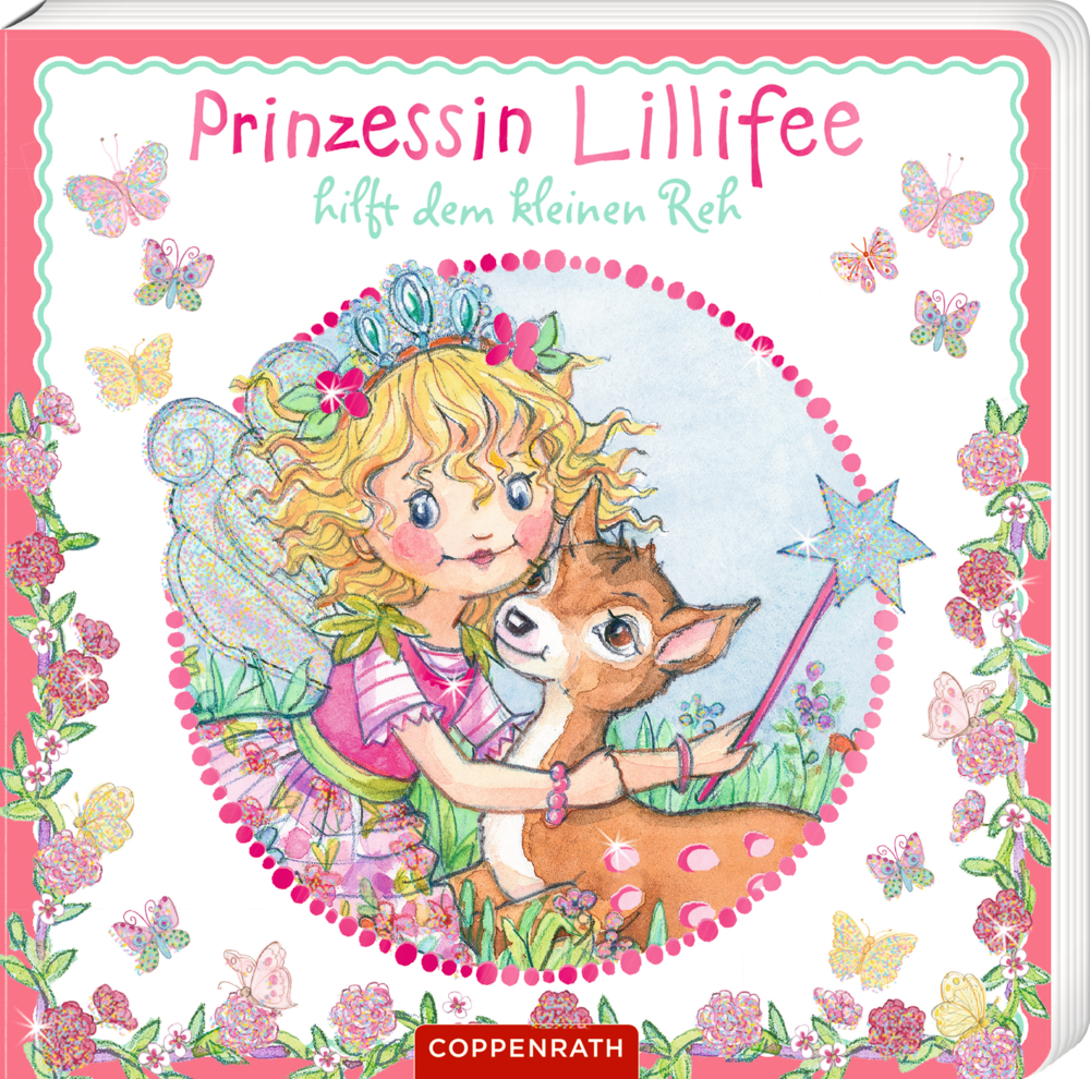 Eine Feenprinzessin umarmt ein kleines Reh, umgeben von Blumen und Schmetterlingen, auf dem Cover von "Prinzessin Lillifee hilft dem kleinen Reh".