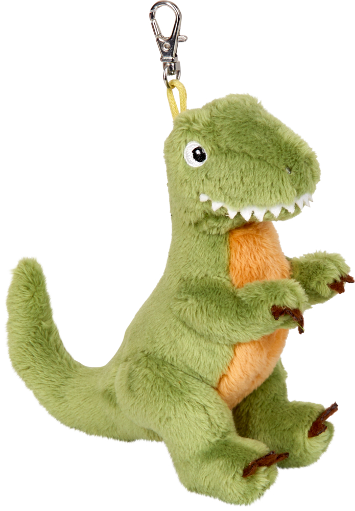 Grüner Plüsch-Dinosaurier-Schlüsselanhänger mit orangefarbenem Bauch und Metallclip oben.