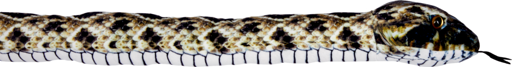 Langes Stofftier in Schlangenform mit braun-beigem Schuppenmuster, gelben Augen und herausgestreckter schwarzer Zunge.