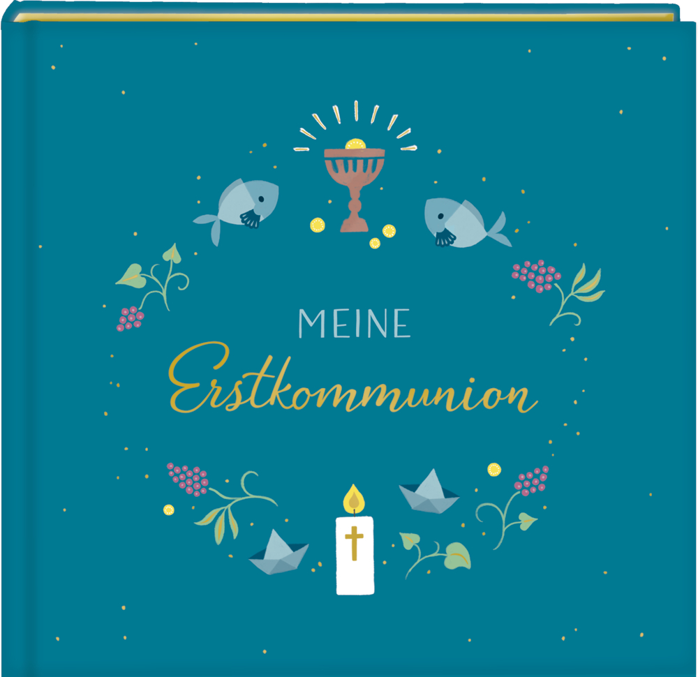 Blauer Einband mit dem Titel „Meine Erstkommunion“, illustriert mit Fisch, Kelch, Kerze, Blumen und Papierschiffchen.