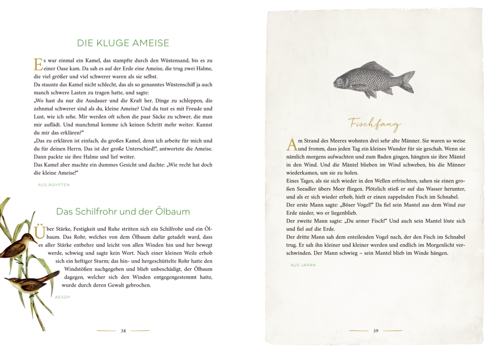 Doppelseite eines Buchs mit drei Fabeln und Illustrationen von Schilfhalmen und einem Fisch.