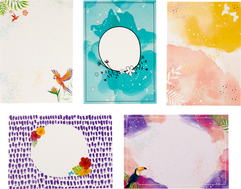 Set aus fünf farbenfrohen Blankokarten mit Blumen-, Vogel- und Aquarellmotiven und Platz für Ihren eigenen Text oder Fotos.