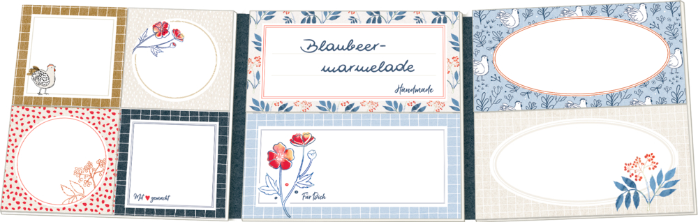 Stickerbogen mit Einmachetiketten mit Blumen- und Vogelmotiven in Blau, Rot und Beige. Blanko für persönliche Notizen.