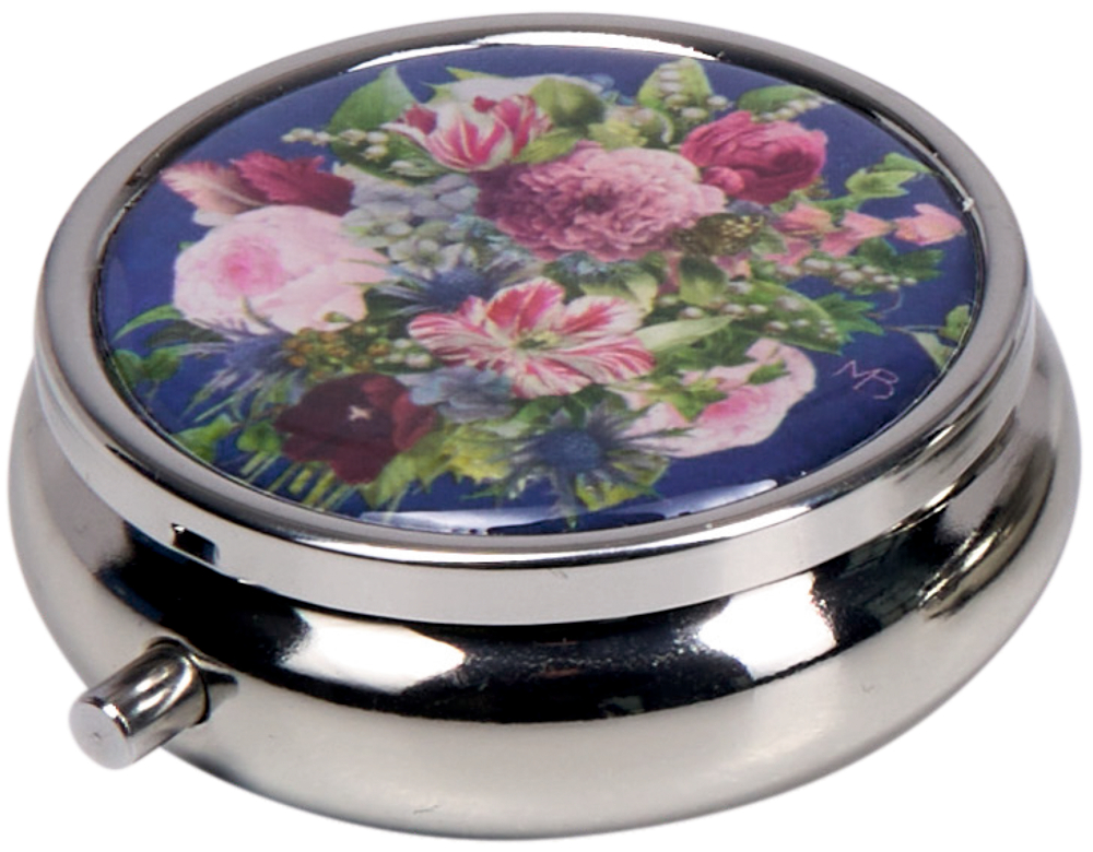 Runde silberfarbene Dose mit floralem Motiv aus bunten Blumen auf blauem Hintergrund auf dem Deckel.