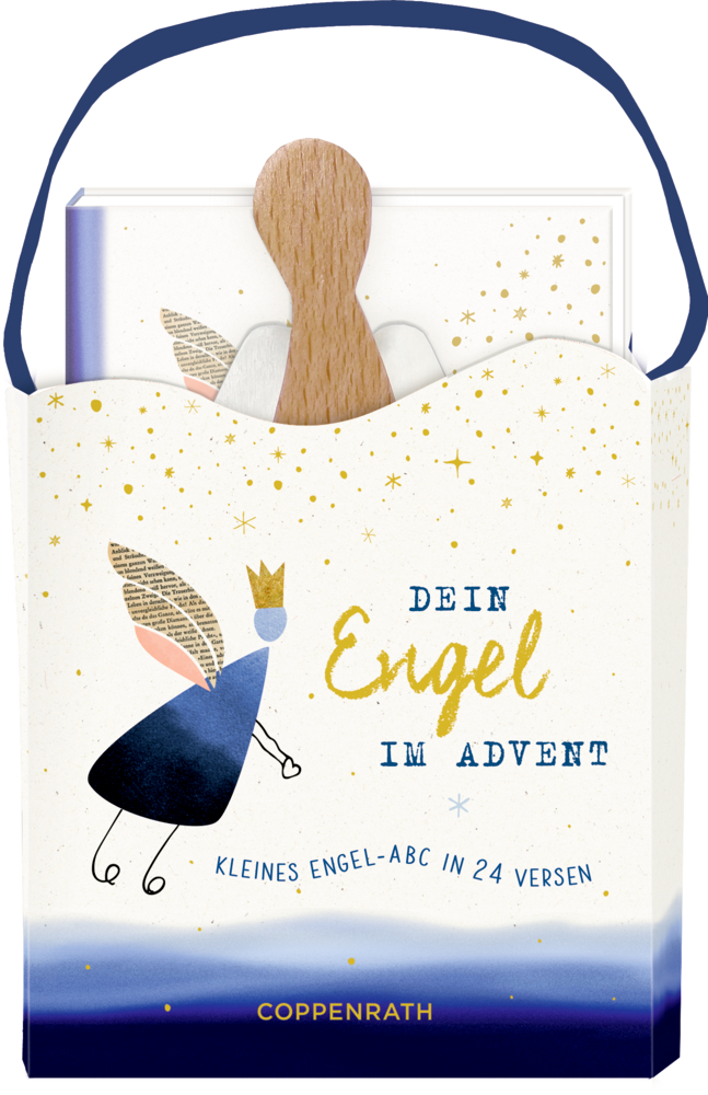 Geschenktüte mit einer Engelillustration,  Text und einem kleinen Holzlöffel, der oben herausragt.