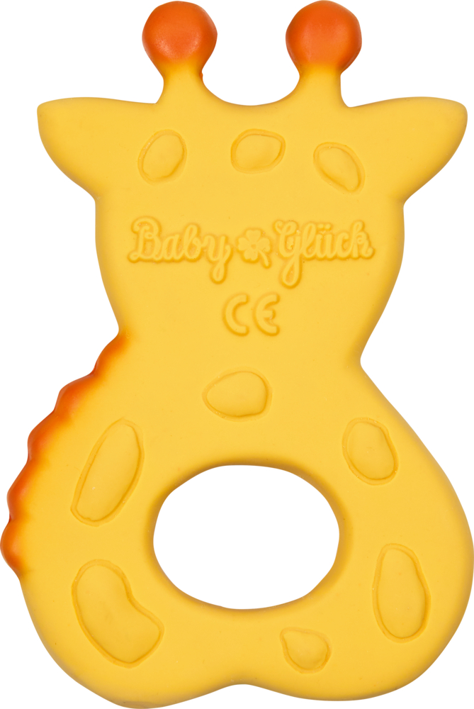 Rückseite einer gelben Beißring-Giraffe.