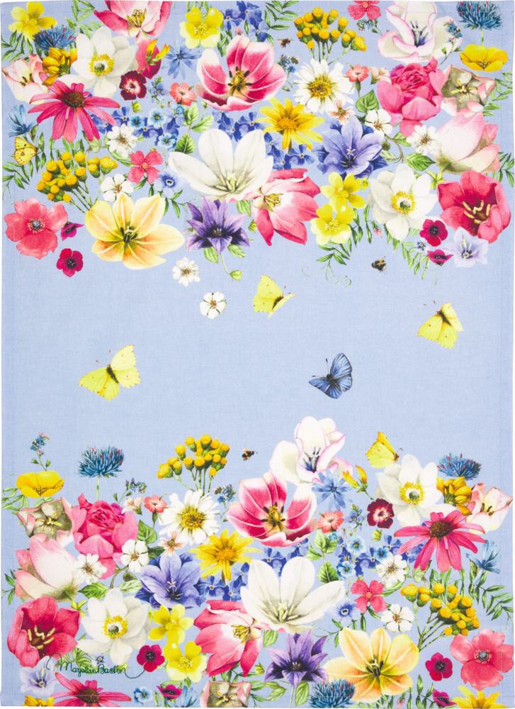 Bunte Blumen und Schmetterlinge auf hellblauem Hintergrund, die Mitte bleibt frei.