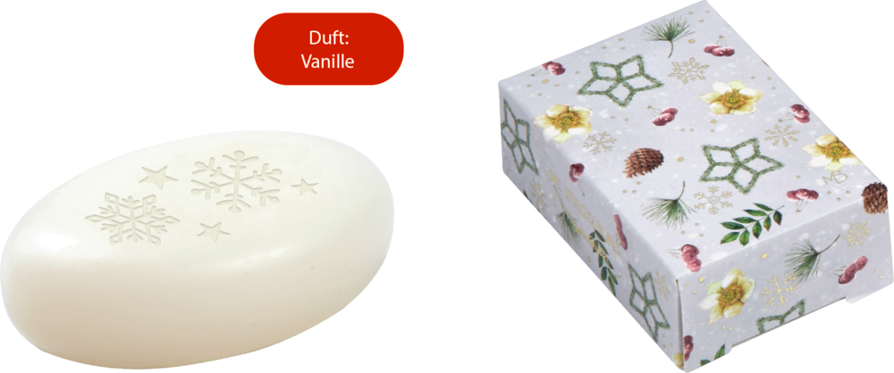 Weiße Seife mit Schneeflocken- und Sternprägung, daneben bedruckte Geschenkbox mit Tannenzapfen und Blütenmotiv, Duft Vanille.