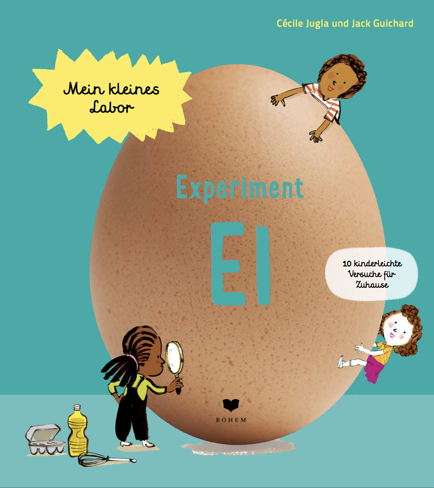 Bebildertes Cover: großes Ei, drei Kinder und Text über lustige Eier-Experimente für Kinder.