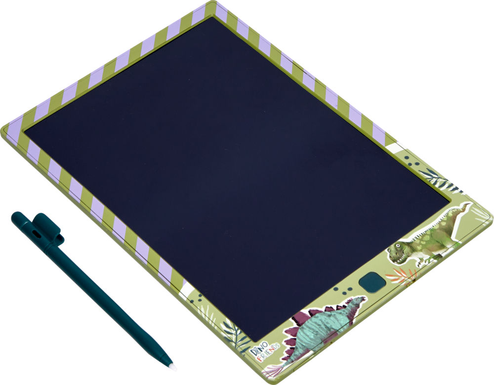 Digitale Schreibtafel mit grün-lila Rand und Dino-Motiven, daneben ein dunkelgrüner Stift.