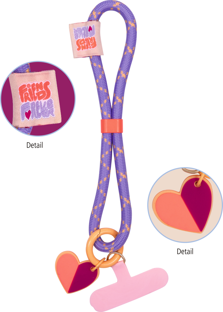 Lila Handykordel mit aprikotfrabenden Details und Clip, rosa Befästigungsmöglichkeit fürs Handy, zweifarbigem Herzanhänger in Orange und Dunkelpink sowie Label mit mehrfarbigem Schriftzug.