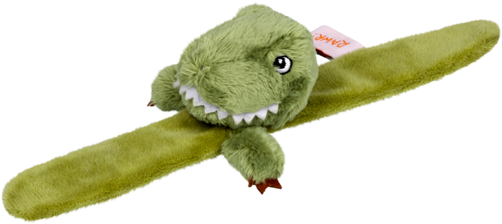 Grünes Plüsch-Armband in Form eines Dinosauriers mit breitem Maul, weißen Zähnen und langen, flauschigen Armen.