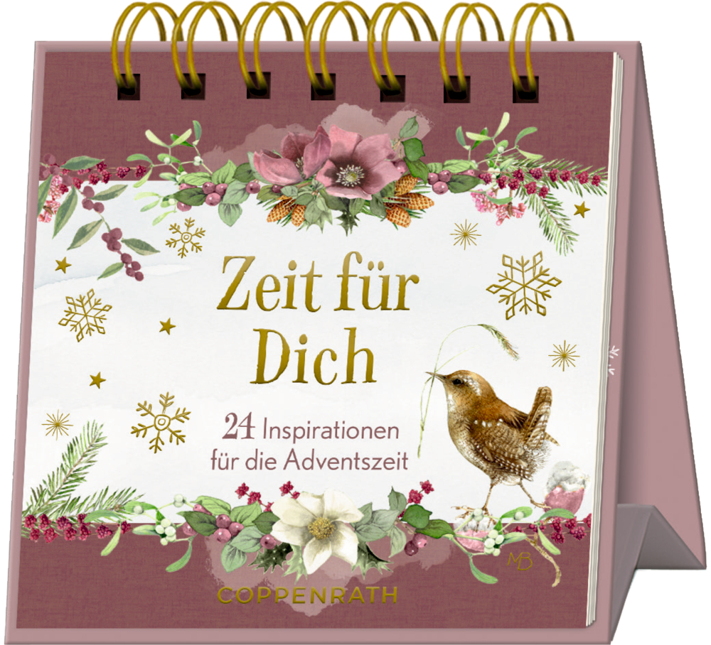 Tischaufsteller mit Spiralbindung, floraler Verzierung, Vogelillustration und Text „Zeit für Dich – 24 Inspirationen für die Adventszeit“.