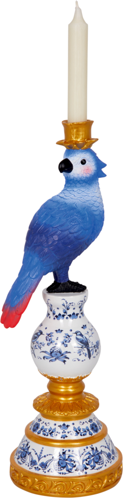 Blauer Kerzenhalter in Papageienform auf einer dekorativen Fuß mit goldenen und blauen Blumenmustern und Stabkerze.