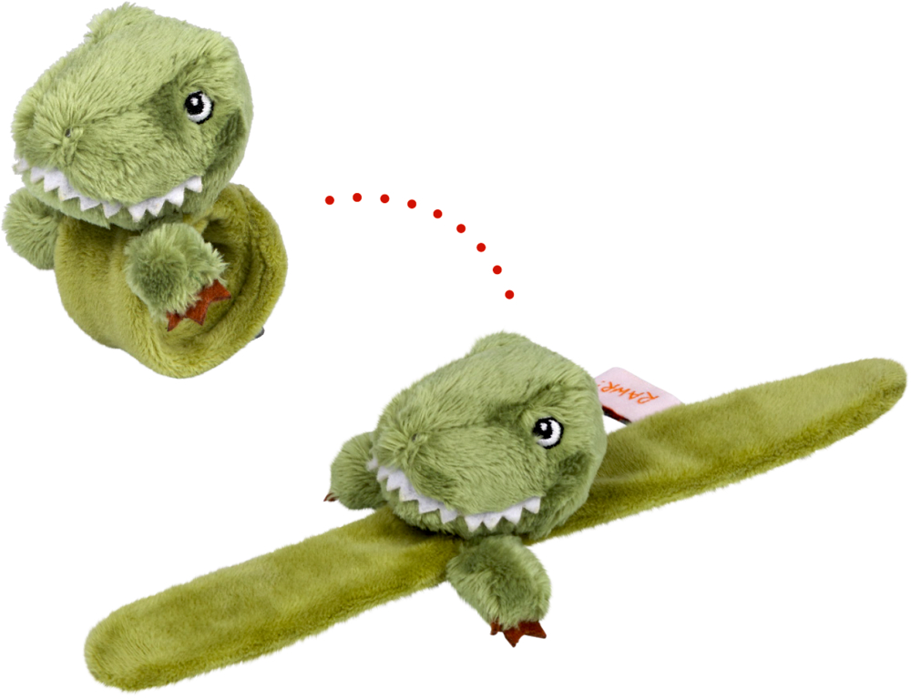 Grünes Plüschtier in Dinosaurierform mit Klettarmband, gezeigt eingerollt und ausgeklappt.