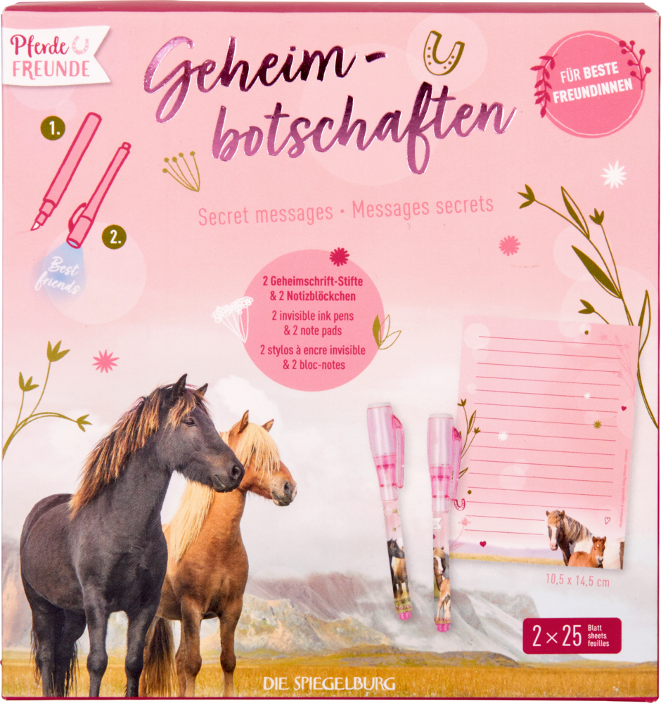Rosafarbene Schachtel verziert mit Pferden. Rosa Stifte und linierte Blätter sind ebenfalls abgebildet.