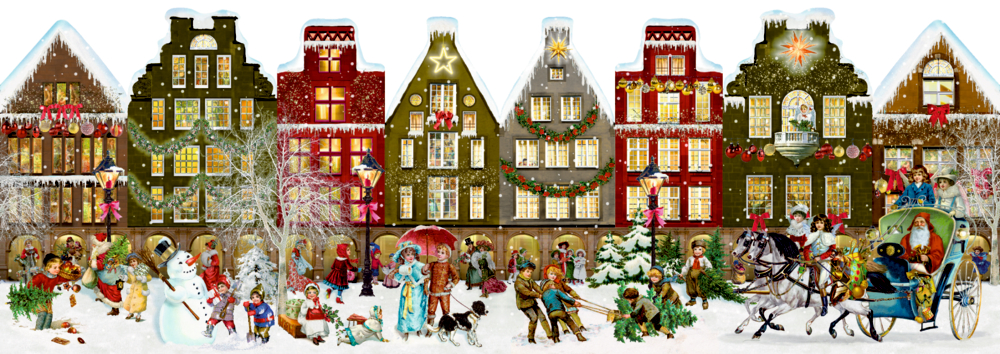 Winterdorf mit geschmückten Häusern, Schneemännern, spielenden Kindern, Menschen und einem Pferdeschlitten.
